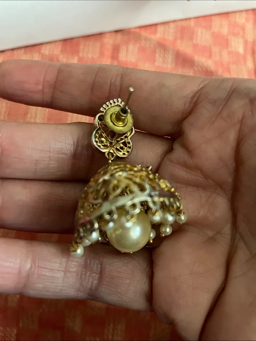 Gold Jhumka Earrings with Purple and Green Stones